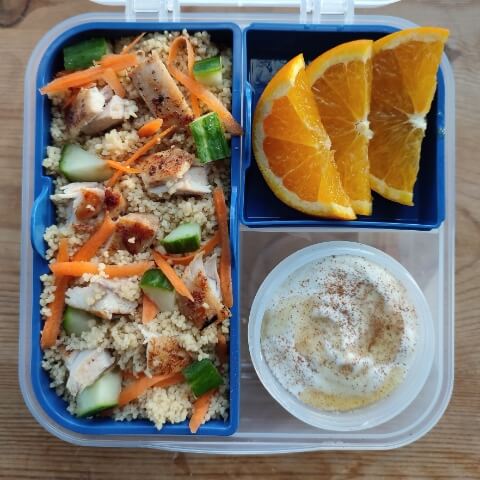 Lunchbox ideas for kids - Cous cous salad with Fromage frats dip and orange slices