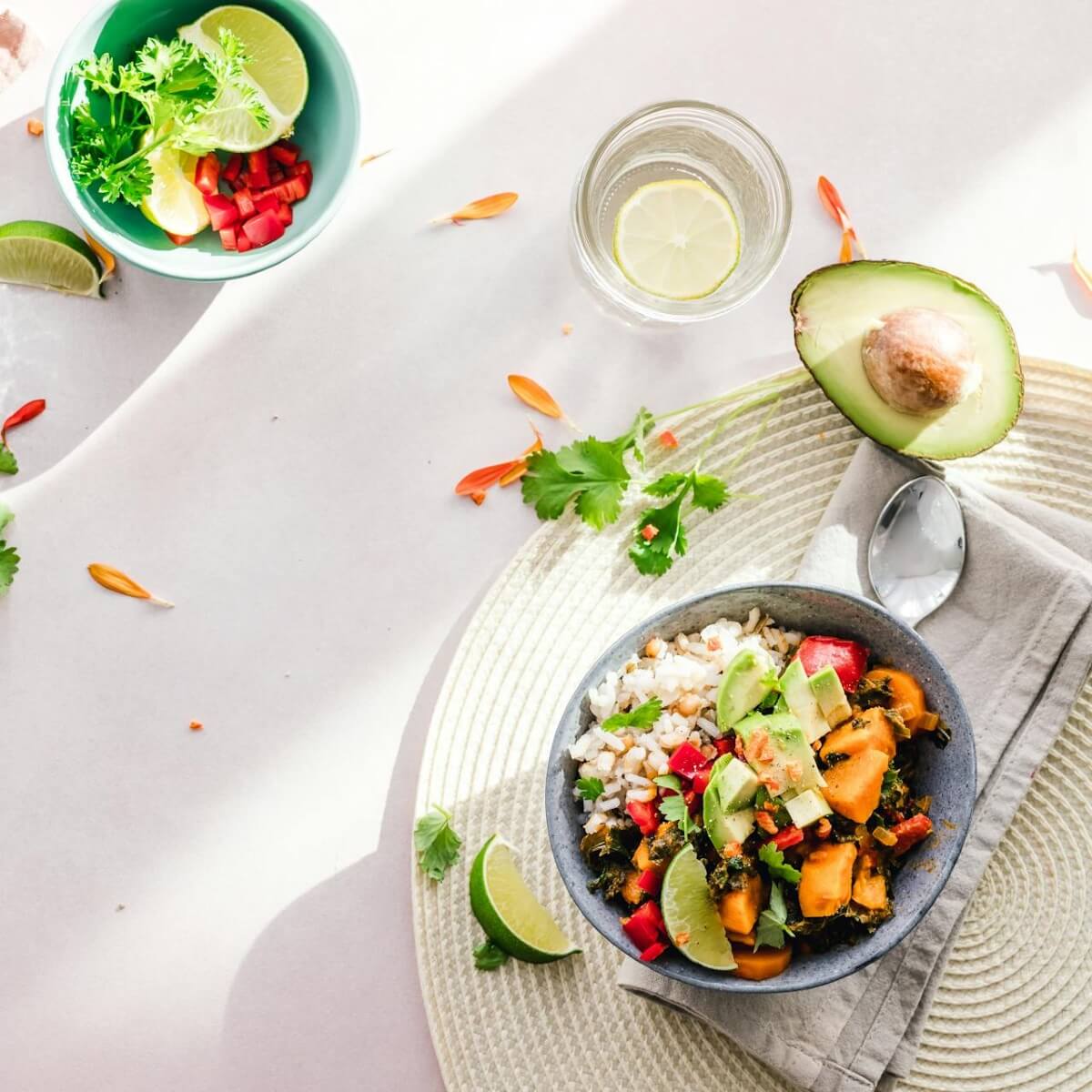 A table depicting a healthy meal of rice and salad