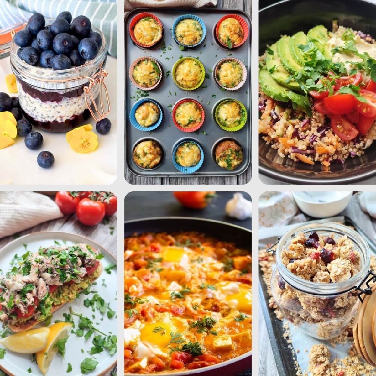 collage of 6 breakfast ideas on the mediterranean diet