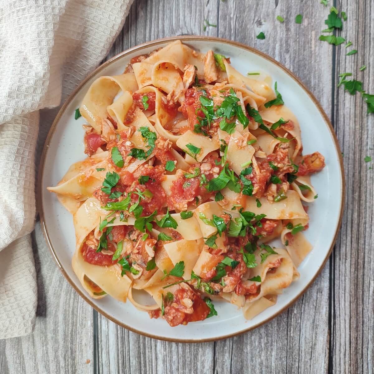 Finished tuna pasta dish served on a plate